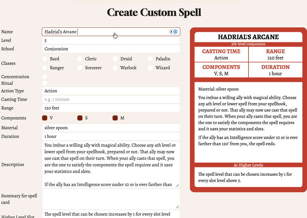 Custom spell creation card preview