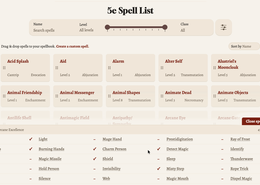 Spell preparation interface