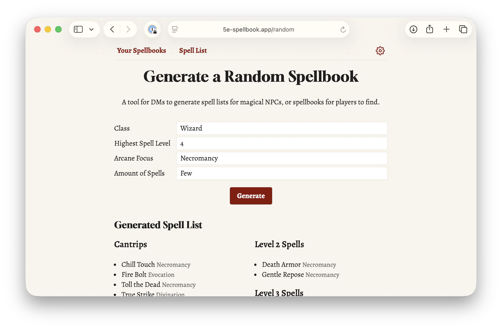 A screenshot of random spellbook generator